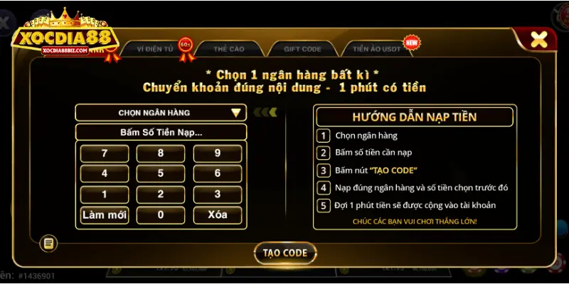 Cổng game XOCDIA88 áp dụng nhiều phương thức nạp tiền hiện đại