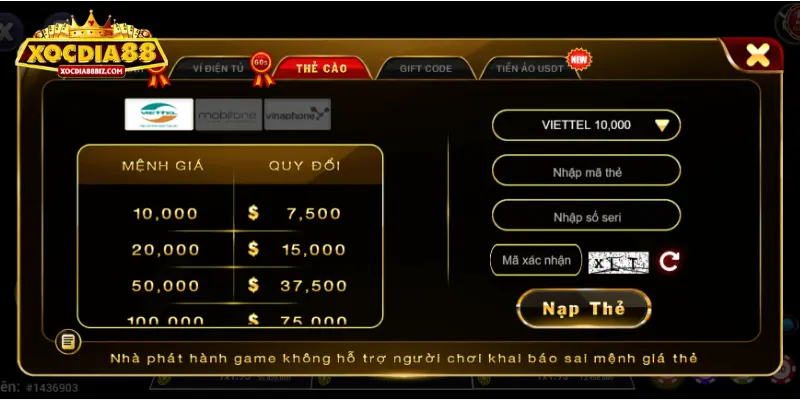 Nạp tiền XOCDIA88 qua thẻ cào điện thoại