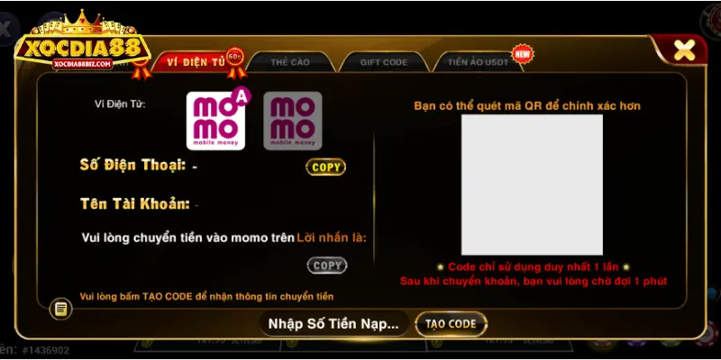 Nạp tiền XOCDIA88 từ ví điện tử